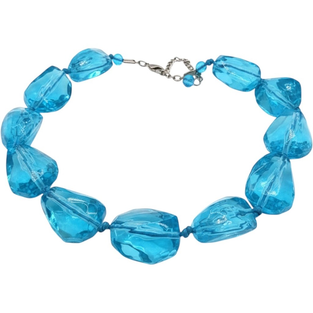 Vintage Blue Chunky Faceted Bead Statement Necklace Silver Tone Adjustable Clasp